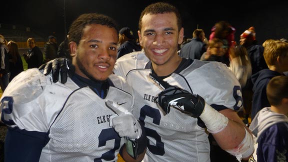 Tommy Arnold (left) and Spencer Sheff were the primary orchestrators of key 95-yard scoring drive in fourth quarter of Elk Grove's 22-14 win over Rio Linda. Photo: Mark Tennis. RECAP