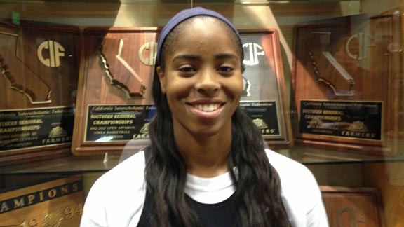 UCLA-bound Ms. Basketball State Player of the Year frontrunner Jordin Canada stands by trophy case at Windward High in Los Angeles earlier this week. Photo: Harold Abend.