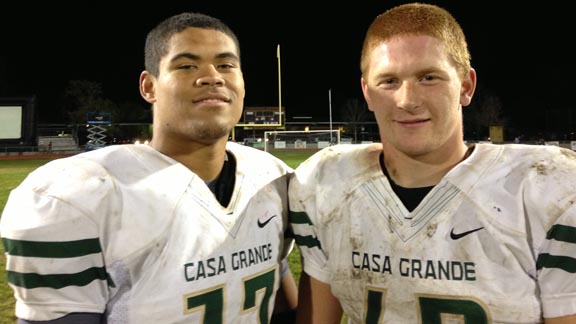Top players for 10-0 Casa Grande are QB JaJuan Lawson (left) and fullback John Porchivina, who both stood out in win vs. Cardinal Newman last Friday. Photo: Harold Abend.