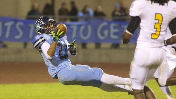 Bullard of Fresno junior receiver Jackson Ahart makes catch while falling backward in team's big win over Edison. Photo: CentralValleyFootball.com (please visit today).