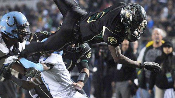 New No. 19 Narbonne of Harbor City is going for its third straight L.A. City Section title, a streak that began in 2011 when Tray Boone (above) scored six TDs in the championship game against Carson. Photo: From Cal-Hi Sports archives.