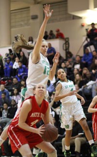 Alli Brown of Mater Dei executes a pump fake to get Kat Tudor of St. Mary's to jump almost on top of her during West Coast Jamboree Platinum Division final. Photo: Willie Eashman.