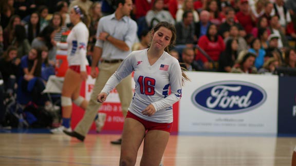 Junior libero Baileigh Graham of Division I state finalist Los Alamitos chases after a ball during CIF Southern Section title match vs. Mater Dei. Photo: Courtesy Student Sports.