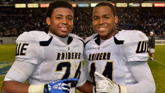 Reggie Bland (left) and Montell Bland both piled up the yards for Central Catholic in D4 state bowl game. Which one is the senior and which one is the freshman? Photo: Scott Kurtz.