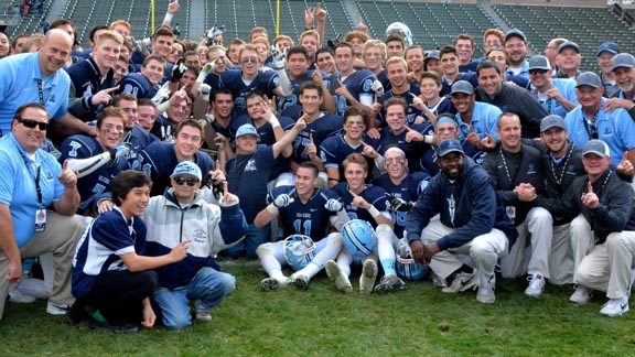 Corona del Mar head coach Scott Meyer is third from the right on the bottom row of team photo taken after CIF Division III state bowl game. His team takes 26-game win streak into next season. Photo: Scott Kurtz.