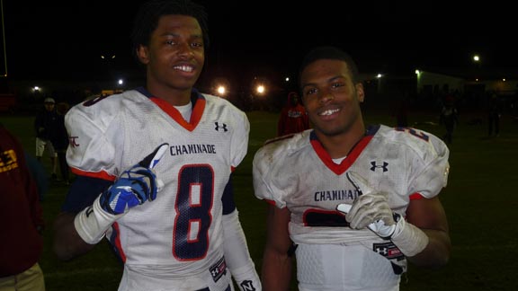 Sophomore receiver Dymond Lee and senior running back Donovan Lee both came up big for No. 5 Chaminade in win over previous No. 4 Gardena Serra. Photo: Mark Tennis.