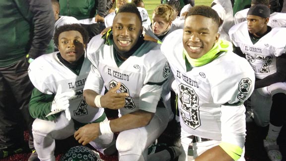 El Cerrito's James Houston, Adarius Pickett and Keith Benjamin were in good spirits after the Gauchos beat Marin Catholic to win CIF North Coast Section title. Photo: Harold Abend.