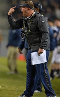 St. John Bosco head coach Jason Negro gets upset at the officials during the game. He probably was objecting to one of several holding penalties that were called. Photo: Scott Kurtz.