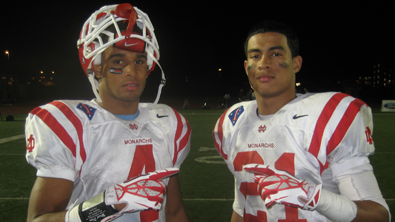 Justin Allen and Jonathan Lockett both had standout seasons for Mater Dei of Santa Ana, which rises to No. 5 in the final state rankings for the 2013 season. Photo: Ronnie Flores.