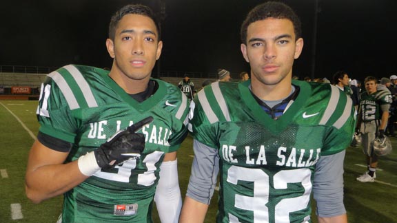 De La Salle defensive backs Das Tautalatasi (committed to Arizona State) and Kevin Griffin (Washington State) both helped shut down the Folsom passing game in the CIF Northern California bowl game and will be going against a faster group of wideouts this week. Photo: Mark Tennis.