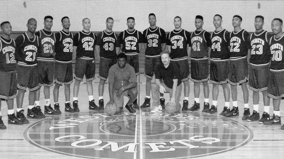 Ed Azzam (front right) has won 12 L.A. City Section titles at Westchester of Los Angeles. Here is his 1991-92 title team that finished 28-3. (L-R): Tim Dancy, Dakarai Gillard, James Gray, Jason Sanders, Walter Walker, Lorenzo Ball, David Thomas, Marty Cotwright, LaValle Ball, Printle Russell, Eddie Smith, Rico Laurie, Maurice Robinson, James Towns.