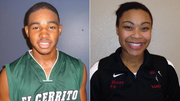 Tyrell Alcorn of El Cerrito of Mariya Moore from Salesian of Richmond both shined in big wins by their teams on MLK Day. Photos: Mark Tennis & Harold Abend.