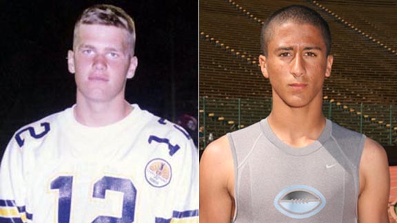 New England Patriots' five-time Super Bowl QB Tom Brady is shown as a senior at Serra of San Mateo. San Francisco 49ers' QB Colin Kaepernick is shown at the old Stanford Stadium prior to 2005 Nike Football Training Camp. 