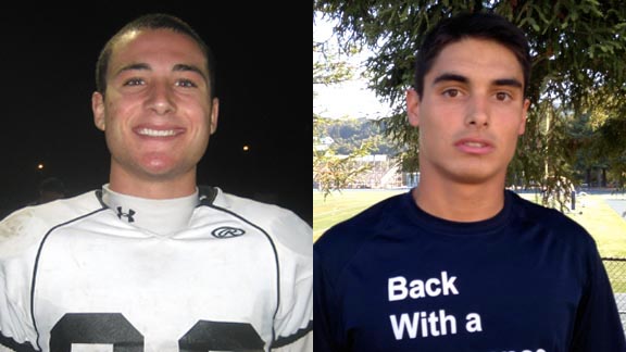 Matt Byer of Oak Park (left) threatened the state TD catches record and finished with 30. Andrew Celis of Marin Catholic had 1,387 receiving yards, caught 18 TD passes and had more than 2,000 all-purpose yards. Byer is on the all-state medium schools first team while Celis is on the all-state small schools first team. Photos: Ronnie Flores & Harold Abend.