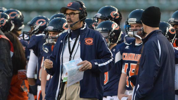 State Coach of the Year Ed Croson from Chaminade of West Hills reacts to a play during the CIF Division II state bowl game. His team defeated Enterprise of Redding 41-9. Photo: Scott Kurtz.