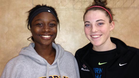 Gabby Green from St. Mary's of Berkeley and Katie Lou Samuelson of Santa Ana Mater Dei smiled for the camera at the West Coast Jamboree, but Green was the main one smiling after the Panthers toppled the Monarchs on Saturday night in Inglewood. Photo: Harold Abend.