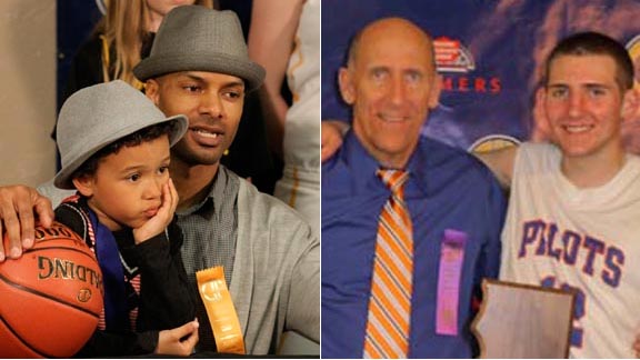 Bishop O'Dowd girls coach Malik McCord and Alameda St. Joseph Notre Dame boys coach Don Lippi have both enjoyed talking to the media at ARCO Arena with their sons after winning CIF state titles. 