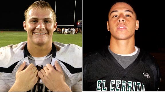 Matt Ringer of Modesto Central Catholic (left) didn't play in the CIF Division IV state final, but rushed for 2,348 yards, scored 33 TDs and made an inspirational comeback from an injury he suffered as a sophomore. Jalen Harvey (right) of El Cerrito is headed to Cal after he helped the Gauchos win the CIF North Coast Section Division III title. Photos: Harold Abend.