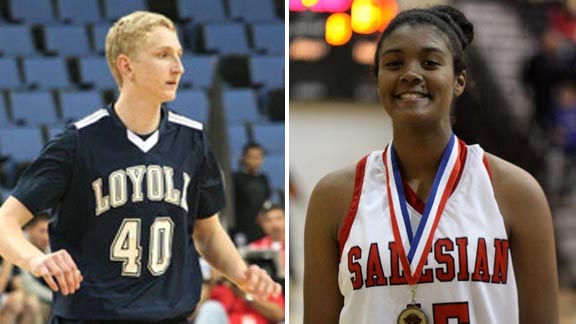 Big players in the middle for state-ranked teams are Thomas Welsh from Loyola of Los Angeles and Zoe Corrall from Salesian of Richmond. Photos: Scott Kurtz & Willie Eashman.