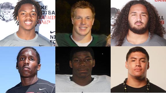 Six members of the 35th annual Cal-Hi Sports All-State Football Team (first, overall) are (top) Michiah Quick, Sumner Houston and Ainuu Taua plus (bottom) Adoree Jackson, Rashaad Penny and Toa Lobendahn.