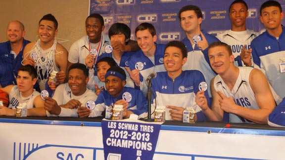 Players from Capital Christian of Sacramento celebrate their D5 section title from last season. The Cougars are the No. 1 D5 team in this week's state rankings. Photo: Mark Tennis.