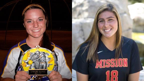 Two of the nation's top pitchers will be part of teams that may duel near the top of the softball state rankings all season long. They are Johanna Grauer (left) from Amador Valley of Pleasanton and Taylor McQuillen of Mission Viejo. Photos: Harold Abend & Courtesy Student Sports.
