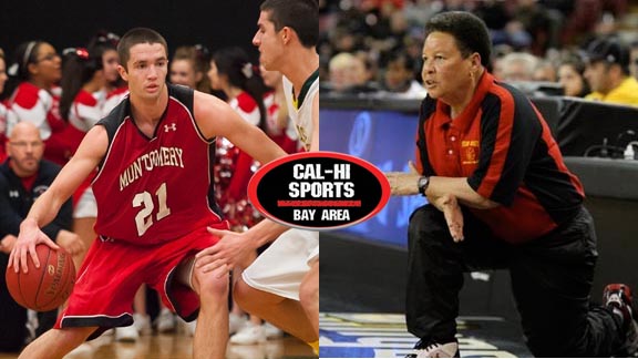 Alec Raven from Montgomery of Santa Rosa works on the offensive end during game last Friday against Casa Grande while at right Berkeley's Cheryl Draper coaches during recent CIF state final. Photos: Gregory Gardea & Willie Eashman.