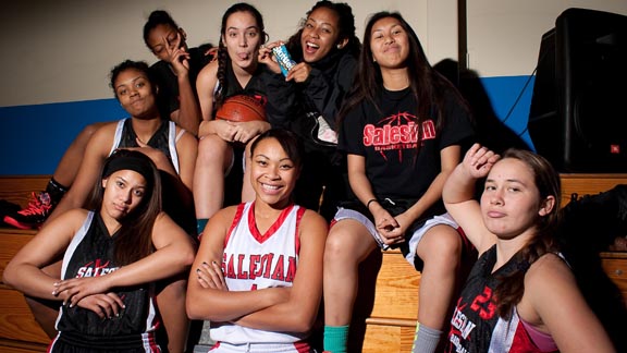 Louisville-bound Mariya Moore (center in white jersey) and the rest of her teammates from No. 5 Salesian of Richmond can get goofy at times. Photo: Barry A. Evans III/SportStars.