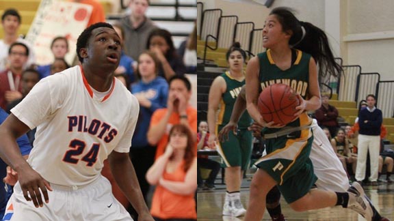 Center Temidayo Yussuf from St. Joseph Notre Dame of Alameda is having a monster year for his team while guard Marissa Hing continues to play well for Pinewood of Los Altos Hills. Photos: Willie Eashman.