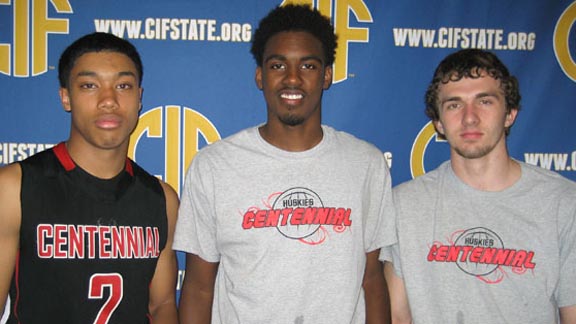 Sedrick Barefield (21 pts), Deontae North (27 pts) and Kyle Hamilton (11 pts) all hit double figures for Corona Centennial in its win over Chino Hills in the CIF SoCal D1 final. Photo: Ronnie Flores.