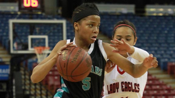 Junior guard Brianne Cheatum from Canyon Springs of Moreno Valley is on the move during her team's win against Pleasant Grove in CIF Division I state final. Photo: Willie Eashman.