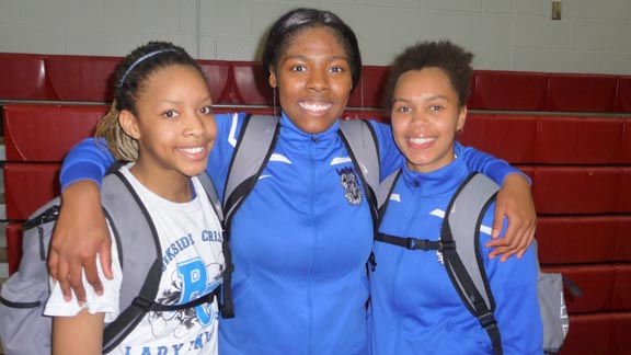 Three players who performed well for D5 No. 1 Brookside Christian on Tuesday were freshman Sasha Brown, junior RaKyra Gabriel and junior Ariana Vaughn. They play Pinewood of Los Altos Hills next. Photo: Mark Tennis.
