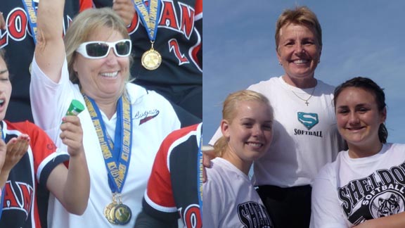 Teri Johnson from James Logan of Union City (left) has guided her teams to the last two CIF North Coast Section Division I titles and has more than 500 wins. Mary Jo Truesdale (right) poses with two of the best players she's ever had at Sheldon of Sacramento -- catcher Lindsey Ziegenhirt and pitcher Jolene Henderson. Photos: Mark Tennis.