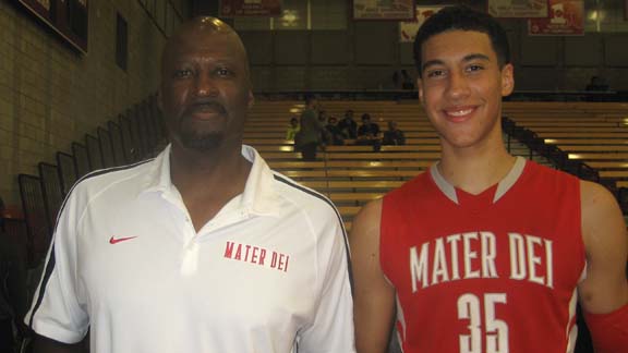 M.J. Cage (right) is flanked by his father, former NBA rebounding champion Michael Cage. M.J. Cage has stepped up his game for Mater Dei in its quest for a fourth consecutive CIF state title. 
