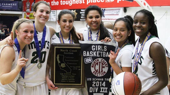 Some of the players from No. 8 Miramonte of Orinda show off the spoils of their win over Encinal of Alameda for the CIF North Coast Section Division III title. Photo: Willie Eashman.