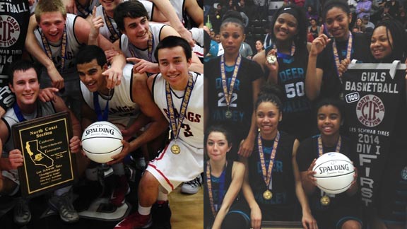 Monte Vista of Danville boys (left) and Deer Valley of Antioch girls (right) show off their hardware after winning section titles on Friday at St. Mary's College in Moraga. Photos: Harold Abend.