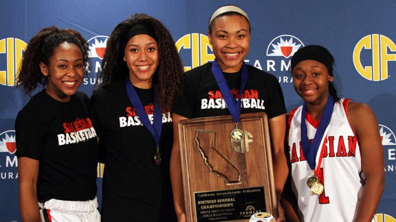 Four members of Richmond Salesian's 2014 CIF NorCal Open Division championship squad are Minyon Moore, Alana Horton, Mariya Moore and Kian McNair. Photo: Willie Eashman.