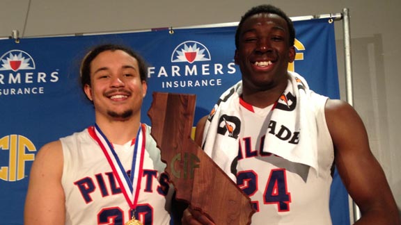 Lamont Banks and Temidayo Yussuf hold CIF Division V state championship trophy. Photo: Harold Abend.