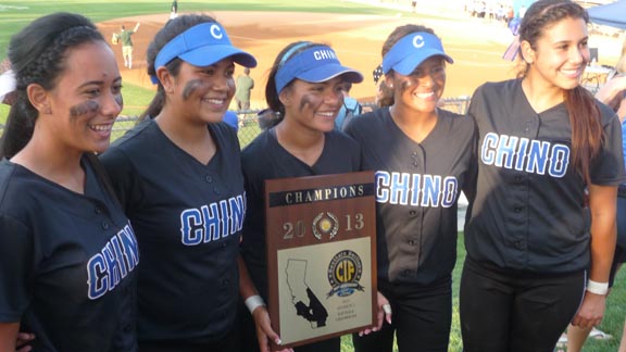 Five players from Chino's team from last season show off CIF Southern Section Division II title plaque. Chino is one of two newcomers in this week's State Top 20. Photo: Mark Tennis.