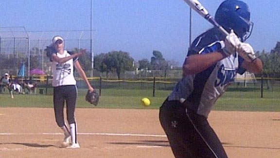 Hayley Copeland, the top pitcher from No. 5 Esperanza of Anaheim who has signed with South Carolina, delivers a pitch for her club team. Photo: Courtesy Student Sports.