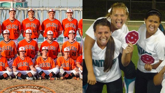 Some of the players from Huntington Beach's 2014 team are shown at left in photo taken from school's team web site. If the Oilers keep winning, we'll use the entire photo soon. At right, three players from Santiago's softball team get a little crazy after they won CIFSS Division I title. 