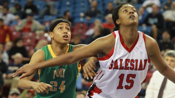 All-State nominees Emoni Jackson of Long Beach Poly and Zoe Correal from Salesian of Richmond battle for position in CIF Open Division championship. Photo: Willie Eashman.