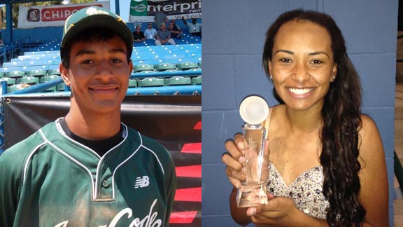 Two of the state's top players in baseball and softball and leading top three teams are (left) Jacob Gatewood of Clovis and Jazmyn Jackson of Archbishop Mitty. Jazmyn is wearing her prom dress after she had to make a quick change at the end of the Livermore Stampede. Photos: Harold Abend.