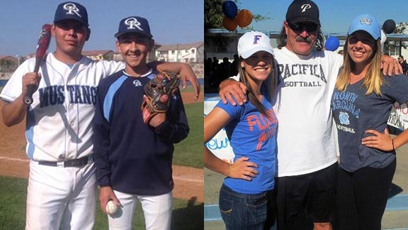 Two key players for state-ranked Otay Ranch in baseball have been Eddie Alvarez (left) and Andre "Jeter" Avalos. For Pacifica of Garden Grove in softball, it's easy to tell where Nicole DeWitt (left) and Kaylee Carlson (right) are going to college. They are shown with head coach Mark Campbell. Photos: Otay Ranch Facebook page & Student Sports.