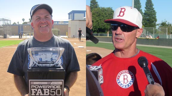 Two coaches of teams in this week's State Top 20s -- Rick Robinson (left) of Norco softball and Tom Donald (right) from Buchanan of Clovis baseball -- also have had teams that were No. 1 in the final FAB 50 national rankings. Photos: Student Sports & Mark Tennis.