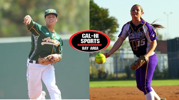 Valley Christian of San Jose shortstop Bryson Brigman makes a throw at last summer's Area Code Games while Amador Valley's Johanna Grauer uncorks a pitch. Photos: Scott Kurtz (Courtesy Student Sports) & Courtesy SportStars.