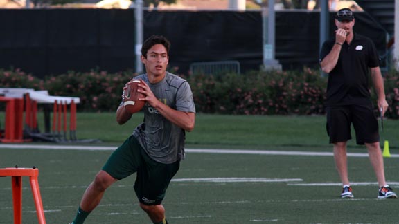 Cade Apsay from Canyon of Canyon Country was at last year's Elite 11 Quarterback Regional for Northern California and throws here under the watchful eye of ESPN's Trent Dilfer. Photo: Willie Eashman.