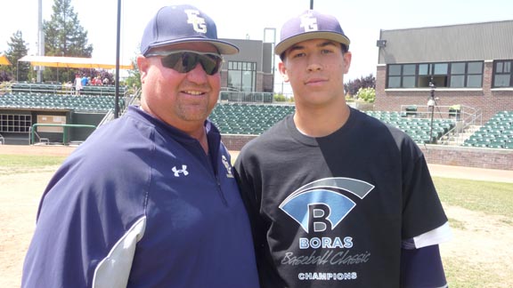 Elk Grove head coach Jeff Carlson stands with his son, Dylan, after their team won the second Boras Baseball Classic title on Saturday in Stockton. Dylan was named offensive MVP. Photo: Mark Tennis.