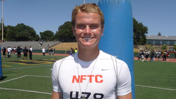 Wide receiver J.J. Koski from San Ramon Valley, who will be a senior in the fall, had a series of top showings during drills in Sunday's Nike Football Training Camp. Photo: Mark Tennis.