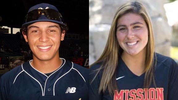 Alex Jackson (left) is the catcher for this week's new No. 1 baseball team while Taylor McQuillen is the ace pitcher for Mission Viejo in softball, which has been No. 1 in the state since the preseason. Photos: Harold Abend & Courtesy Student Sports.